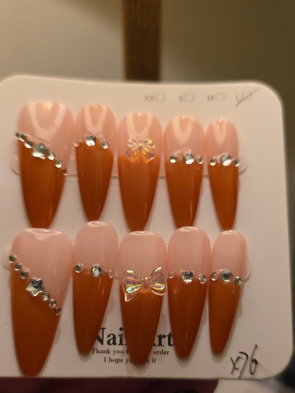 Nude & Orange Rhinestone Press-On Nail Set Size Large